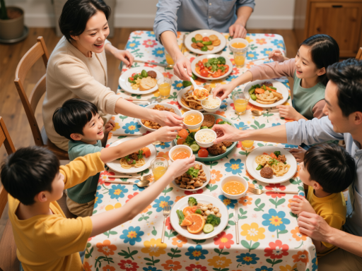 家庭聚会合影，多人围坐餐桌，笑容满面，温暖的家庭氛围