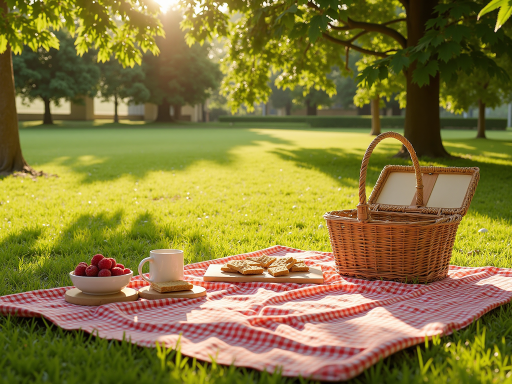 户外活动场景，朋友们在公园野餐，绿树成荫，阳光透过树叶洒下斑驳光影