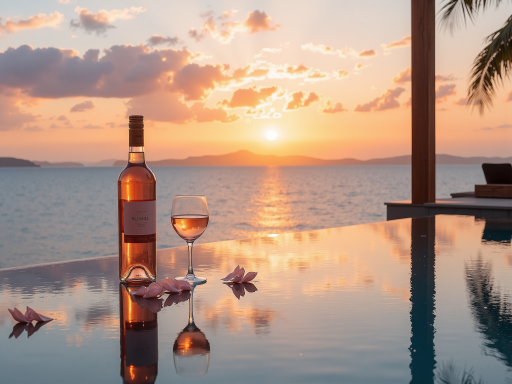 旅行风景照，海边日落场景，橙红色天空倒映在海面上，浪漫的黄昏时光