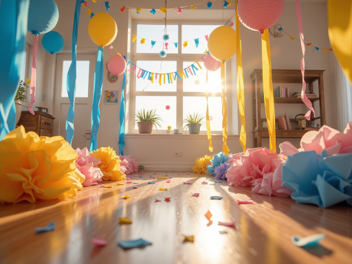 节日庆祝场景，红色装饰的室内环境，灯笼和彩带，节日氛围浓厚